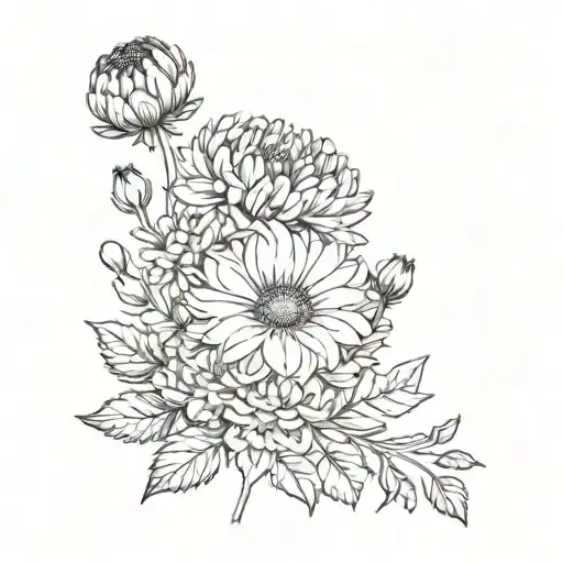 small fine line tattoo stencil of bouquet of birth flowers: 2 Chrysanthemums, 2 poppy’s, 1 Aster, and 1 carnation tattoo design idea