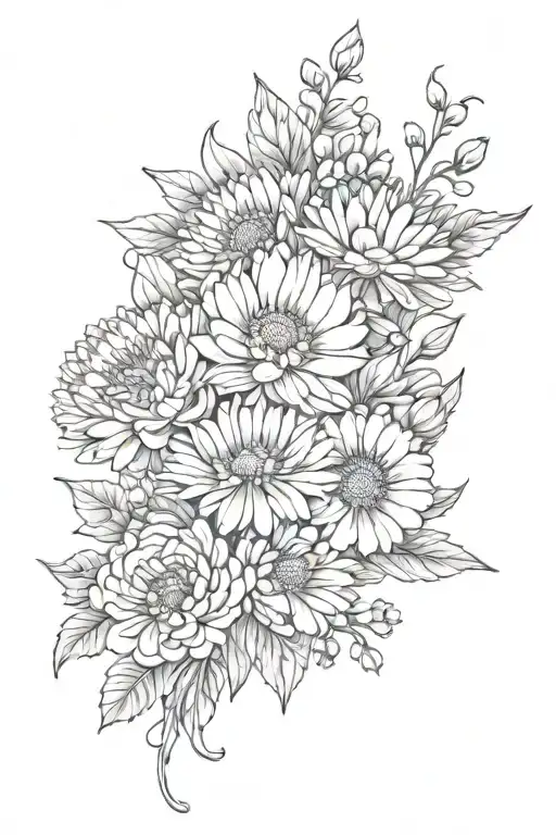 small fine line tattoo of bouquet flowers with bow: 2 Chrysanthemums, 2 poppy’s, 1 Aster, and 1 carnation tattoo design idea