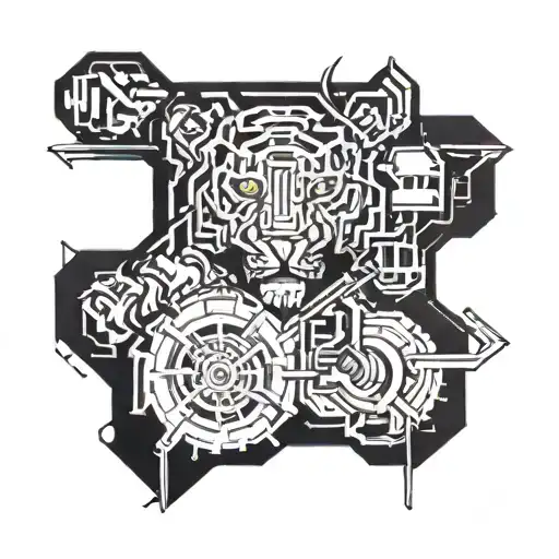 GENERATE AN ASIAN STYLE SLEEVE TATTOO INCORPORATING ROBOTICS, GEARS, WAVES, MOTORCYCLES AND A BABY TIGER CUB. tattoo design idea