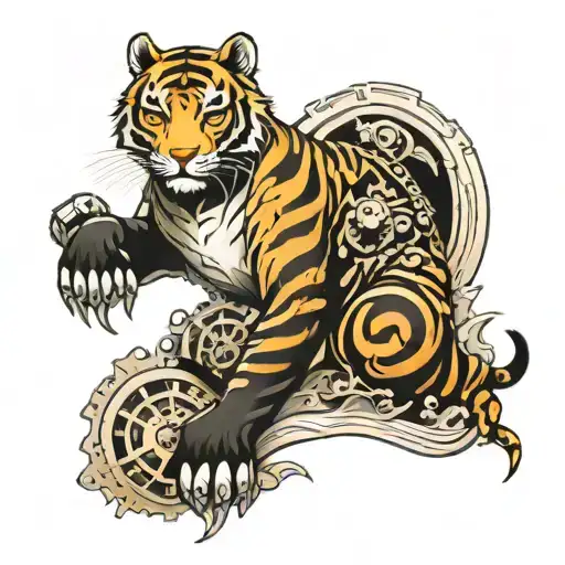 GENERATE AN ASIAN STYLE SLEEVE TATTOO INCORPORATING ROBOTICS, GEARS, WAVES, MOTORCYCLES AND A BABY TIGER CUB. tattoo design idea