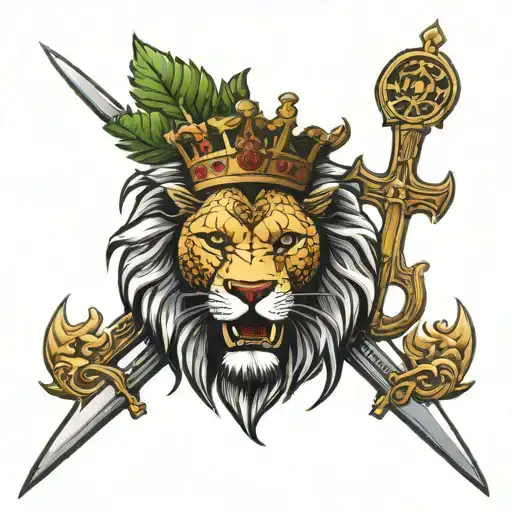 lion crown Haitian war sword shield cross royalty Haitian tree of life tattoo design idea