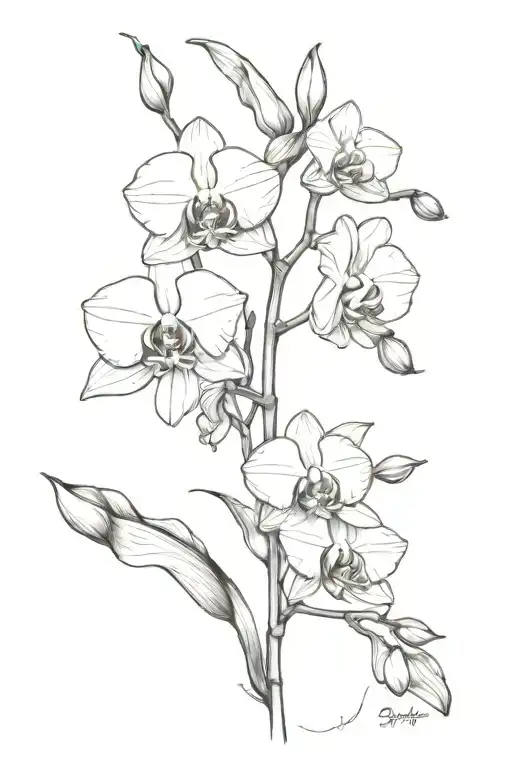 black line that is a stamp that has bud flowers and orchids inside and tattoo design idea