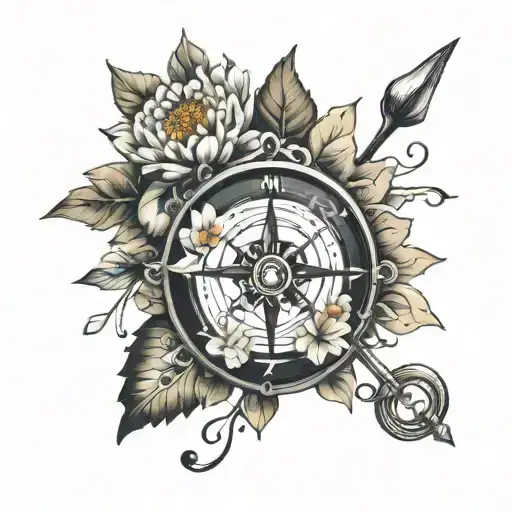 compass and crysanthemum flower tattoo design idea