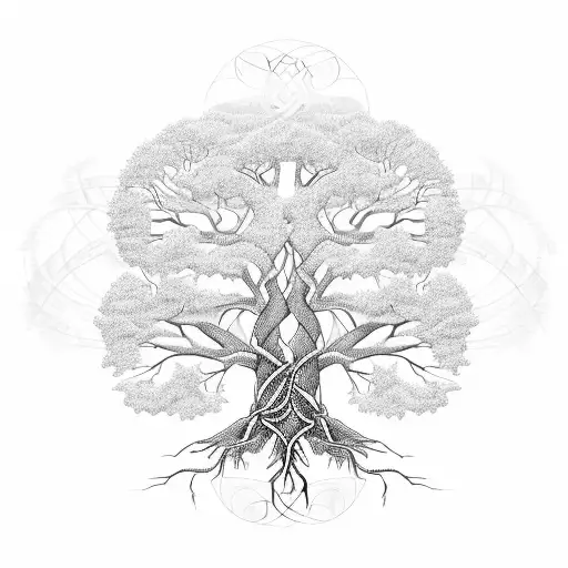 A tree of life with branches made of philosophical symbols and roots formed by open books, symbolizing the interconnectedness of knowledge, life, and the pursuit of wisdom tattoo design idea