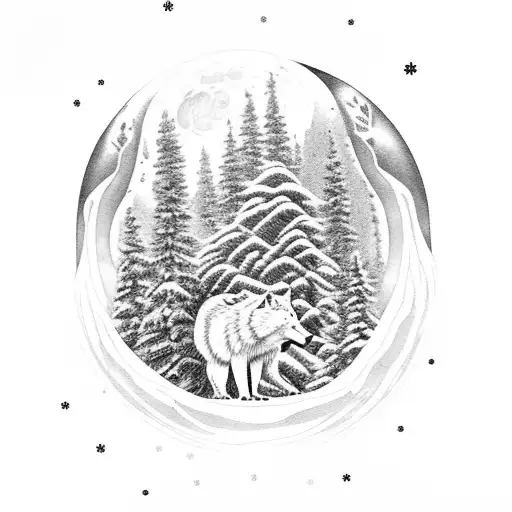 A snow-covered pine tree with a wolf howling at the moon, surrounded by a family of bears and a mischievous monkey swinging from the branches tattoo design idea