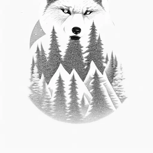 A snow-covered pine tree with a wolf howling at the moon, surrounded by a family of bears and a mischievous monkey swinging from the branches tattoo design idea