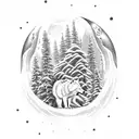 A snow-covered pine tree with a wolf howling at the moon, surrounded by a family of bears and a mischievous monkey swinging from the branches tattoo design idea