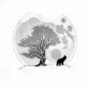 A snow-covered pine tree with a wolf howling at the moon, surrounded by a family of bears and a mischievous monkey swinging from the branches tattoo design idea