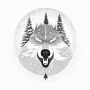 A snow-covered pine tree with a wolf howling at the moon, surrounded by a family of bears and a mischievous monkey swinging from the branches tattoo design idea