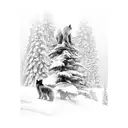 A snow-covered pine tree with a wolf howling at the moon, surrounded by a family of bears and a mischievous monkey swinging from the branches tattoo design idea