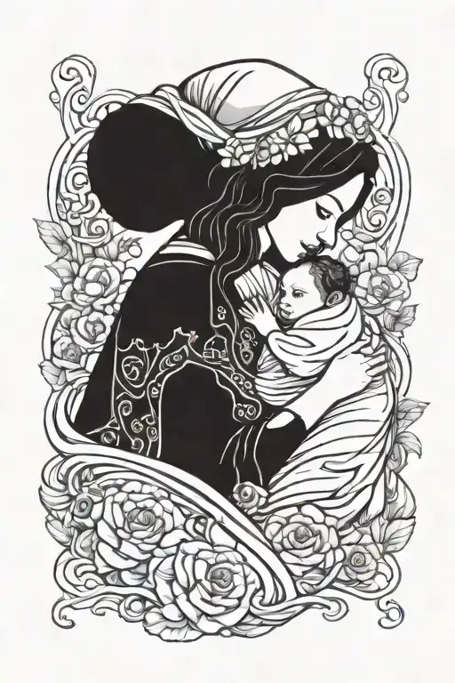 virgincita holding newborn baby girl tattoo design idea