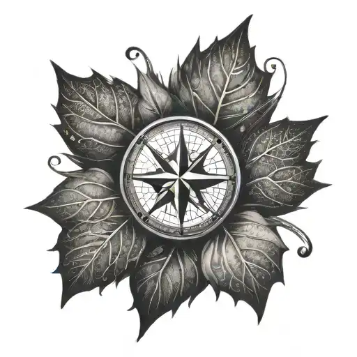 half Maple leaf half compass. mountains game dice poker tattoo design idea