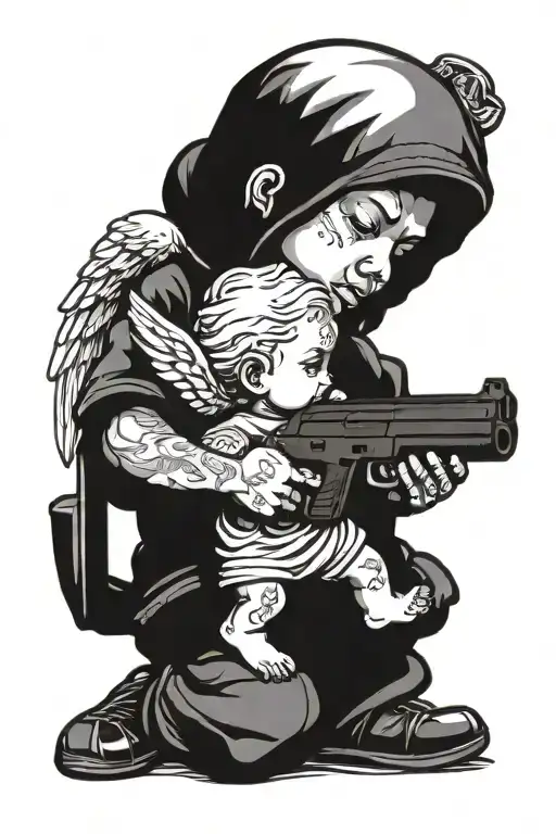 money gangsta angel ak 47 holding a baby tattoo design idea