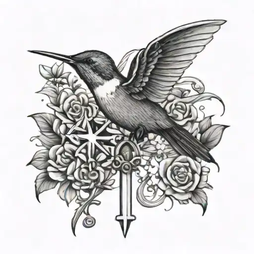 hummingbird and cross necklace tattoo design idea
