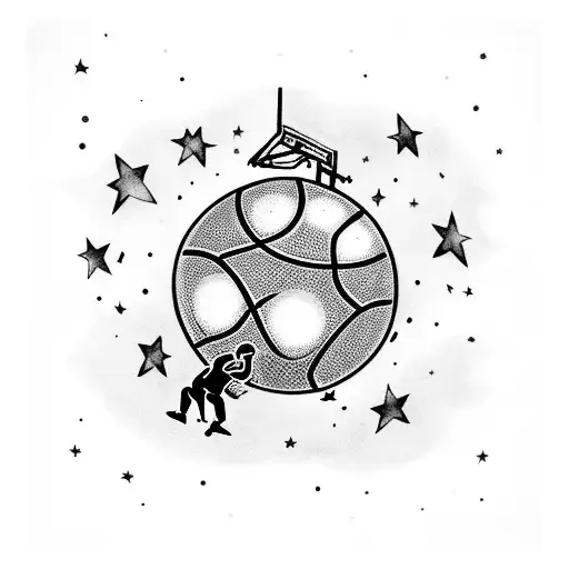 A basketball player dunking a ball on a moonlit court with stars in the background tattoo design idea