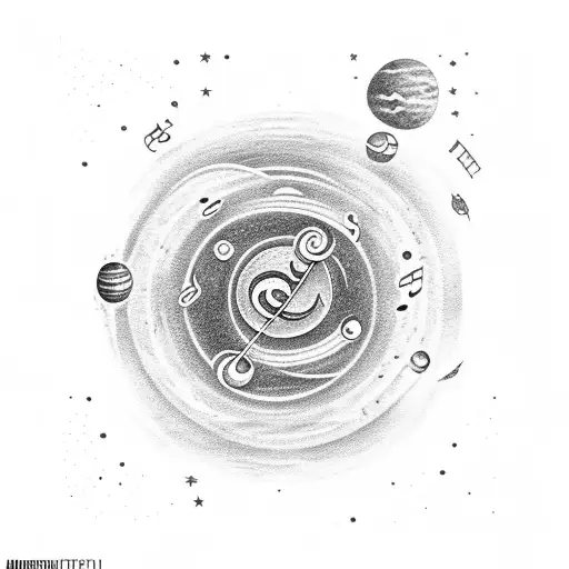 A cosmic music note with planets orbiting around it tattoo design idea
