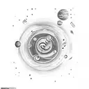 A cosmic music note with planets orbiting around it tattoo design idea