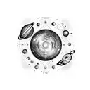 A cosmic music note with planets orbiting around it tattoo design idea