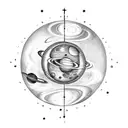 A cosmic music note with planets orbiting around it tattoo design idea