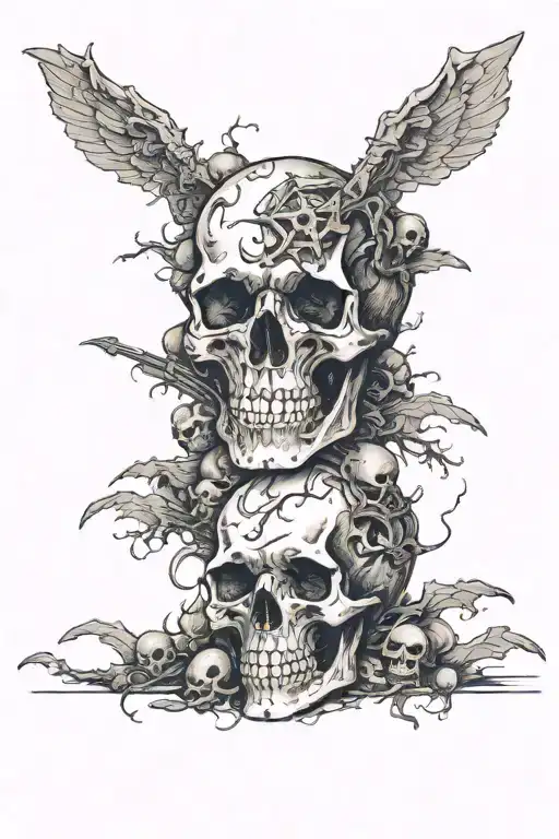 hugin and mugin on skulls with eyeballs. on a large battlefield after battle tattoo design idea
