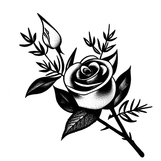 bouquet with one rose, one hyssop, and one cardinal. wrapped in an olive branch. simplistic and black  tattoo design idea