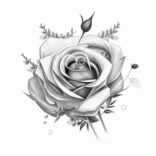 bouquet with one rose, one hyssop, and one cardinal, and one olive branch. wrapped with string; simplistic and black  tattoo design idea