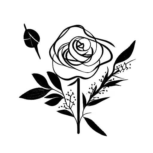 bouquet with one rose, one hyssop, and one cardinal, and one olive branch. wrapped with string; simplistic and black  tattoo design idea