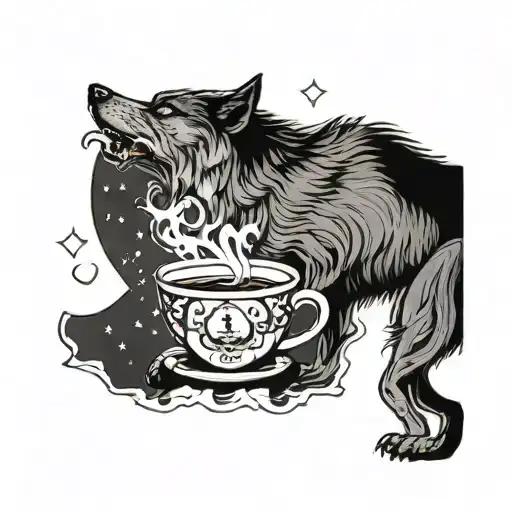 A wolf howling at a full moon while holding a steaming cup of coffee in its paw tattoo design idea