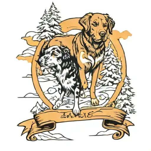 A new-school style tattoo of a Labrador and Australian shepherd playing in a snowy forest setting tattoo design idea