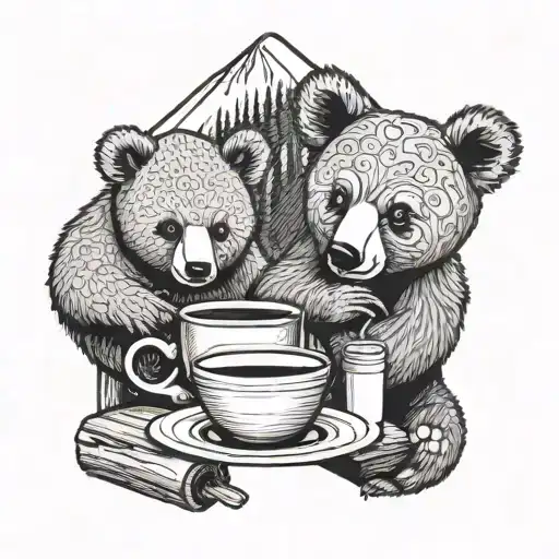 A tattoo design of a bear and a koala sharing a cup of coffee in a cozy mountain cabin tattoo design idea