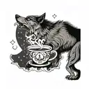 A wolf howling at a full moon while holding a steaming cup of coffee in its paw tattoo design idea