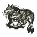 A wolf howling at a full moon while holding a steaming cup of coffee in its paw tattoo design idea