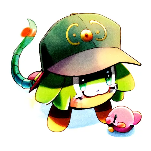 Determined-looking Kirby wearing stone Quetzalcoatl hat tattoo design idea
