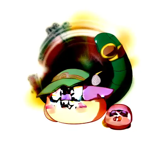 Determined-looking Kirby wearing stone Quetzalcoatl hat tattoo design idea