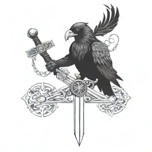 Black Crow nordic viking with skull sword surrounded tattoo design idea