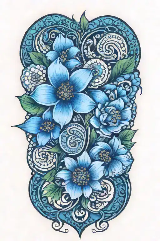 mendhi style flower intertwined with names Remi Heather Dillan tattoo design idea