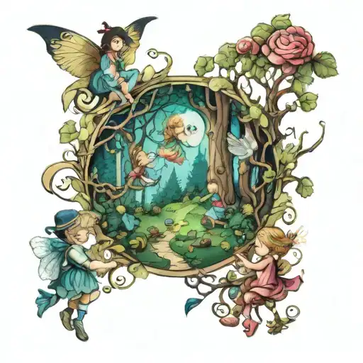 A whimsical fairy tale scene of kids playing in a magical forest tattoo design idea