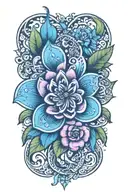 mendhi style flower intertwined with names Remi Heather Dillan tattoo design idea