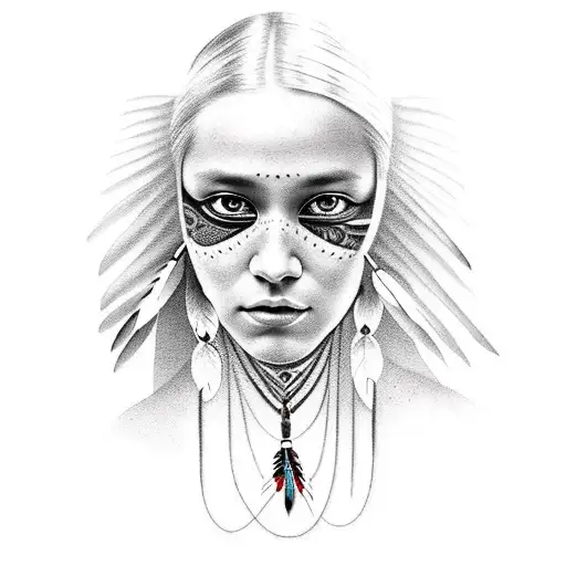 Native American girl with face reflection in lake  tattoo design idea