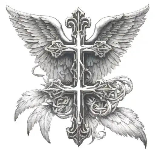 angel wings with cross intertwined within two eagles tattoo design idea