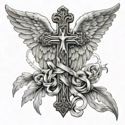 angel wings with cross intertwined tattoo design idea