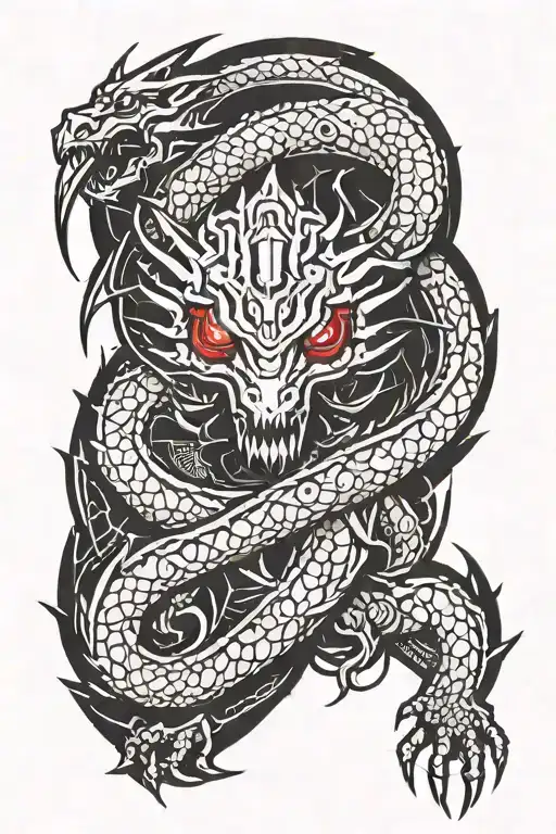 red cybernetic dragon wrapped tattoo design idea