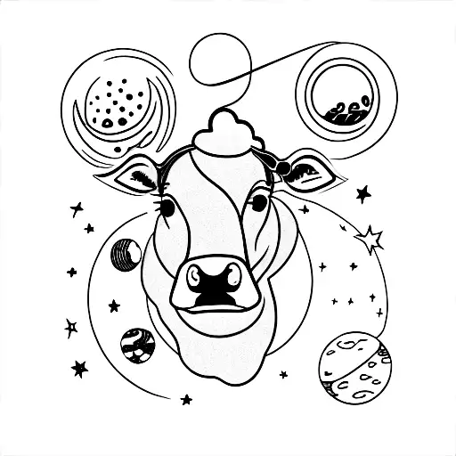 A minimalist tattoo of a cow floating in outer space surrounded by stars and planets tattoo design idea