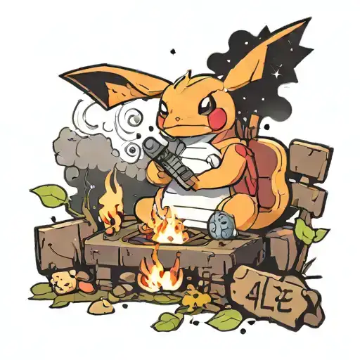 the pokemon cubene sits at a campfire.  the smoke writes the name Alex in the starry night tattoo design idea