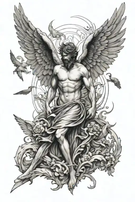 the fall of icarus, one wing of an angel, the other of a demon tattoo design idea