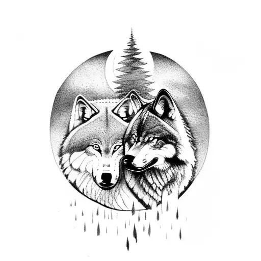 large male wolf protecting female wolf and two female cubs in the wood with purple full moon tattoo design idea