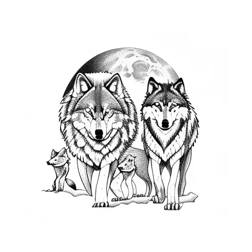 large male wolf protecting female wolf and two female cubs in the wood with purple full moon tattoo design idea