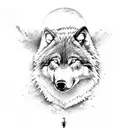 large male wolf protecting female wolf and two female cubs in the wood with purple full moon tattoo design idea