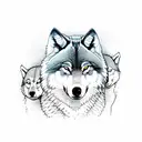 large male wolf protecting female wolf and two female cubs in the wood with purple full moon tattoo design idea