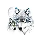 large male wolf protecting female wolf and two female cubs in the wood with purple full moon tattoo design idea